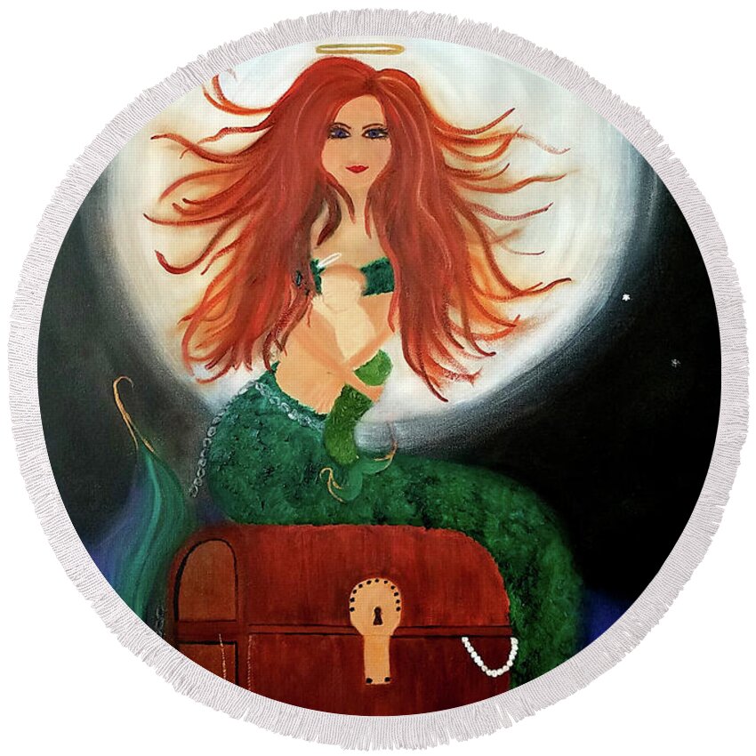 Mermaid Round Beach Towel featuring the painting No Greater Treasure by Artist Linda Marie