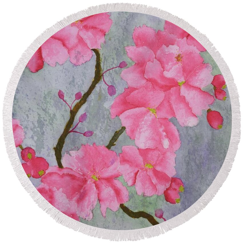 Barrieloustark Round Beach Towel featuring the painting No.5 Cherry Blossoms by Barrie Stark