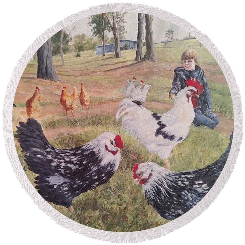 Landscape Round Beach Towel featuring the painting Noah and his Chickens by ML McCormick