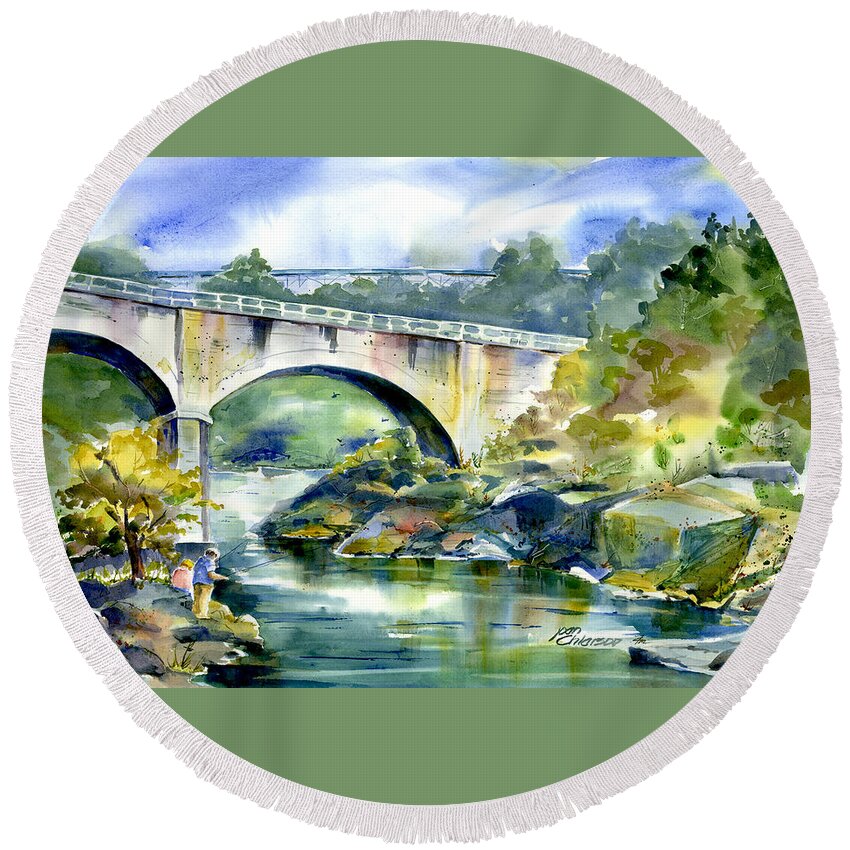 No Hands Bridge Round Beach Towel featuring the painting NoHandsFishing#2 by Joan Chlarson