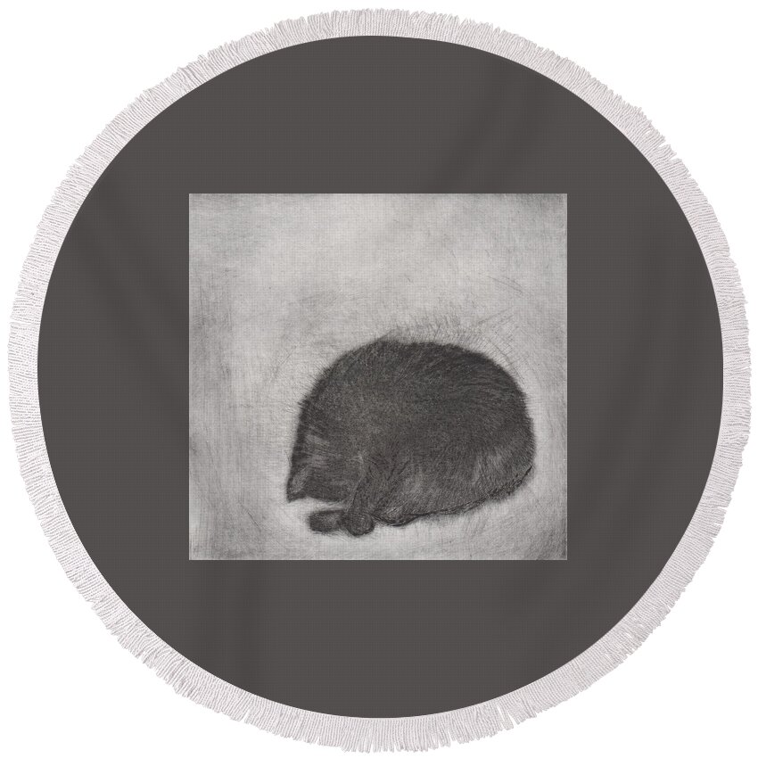 Cat Round Beach Towel featuring the drawing Nonchaloir - etching by David Ladmore