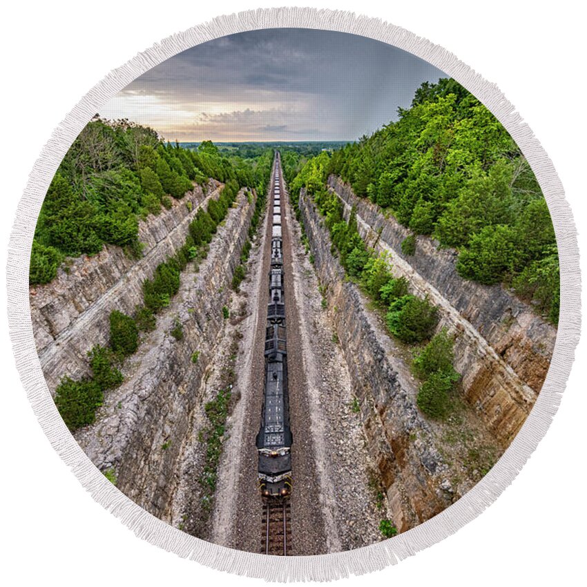 Railroad Round Beach Towel featuring the photograph Norfolk Southern 3645 leads a WB empty coal train at Tunnel Hill by Jim Pearson