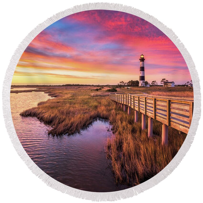 Outer Banks Round Beach Towel featuring the photograph North Carolina Bodie Island Lighthouse Outer Banks Nags Head NC OBX Sunrise by Dave Allen
