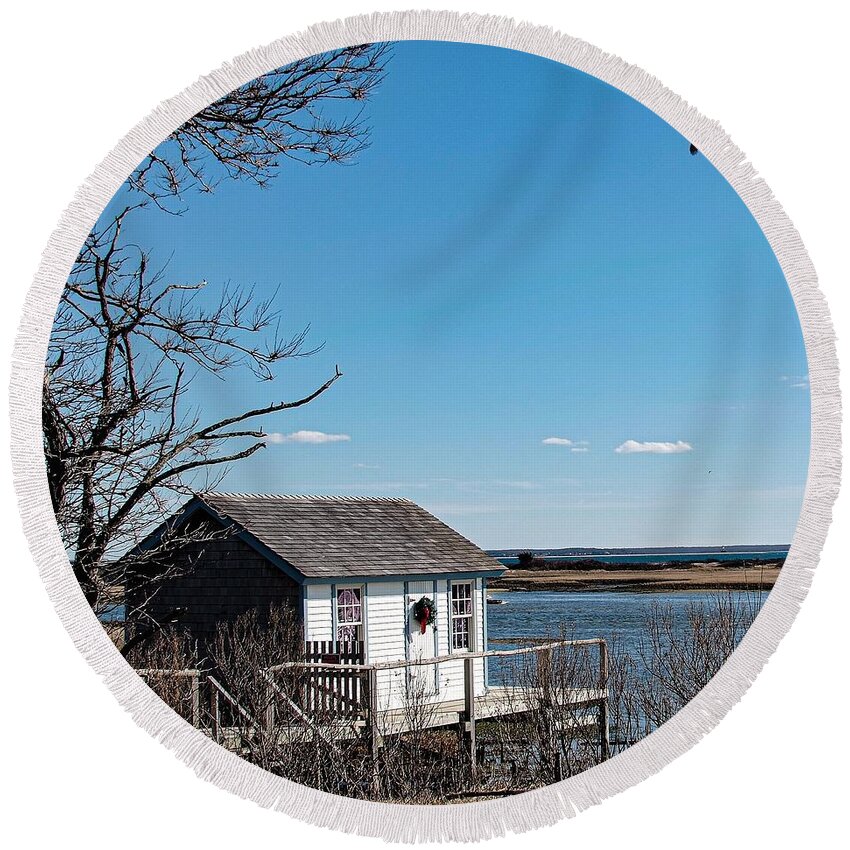 Shack House Water Bird Pond Lake Porch Round Beach Towel featuring the photograph North Fork shack1 by John Linnemeyer