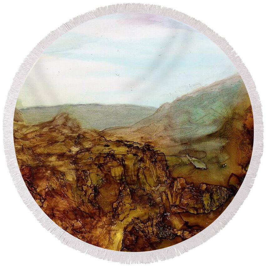 Alcohol Ink Round Beach Towel featuring the painting North through the canyon by Angela Marinari