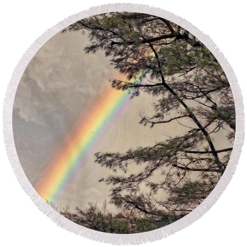 Rainbow Round Beach Towel featuring the photograph Northern Forest Rainbow by Russ Considine
