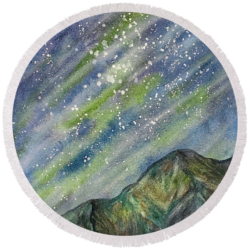 Northern Lights Round Beach Towel featuring the painting Northern Lights Obstruction Point by Lisa Neuman