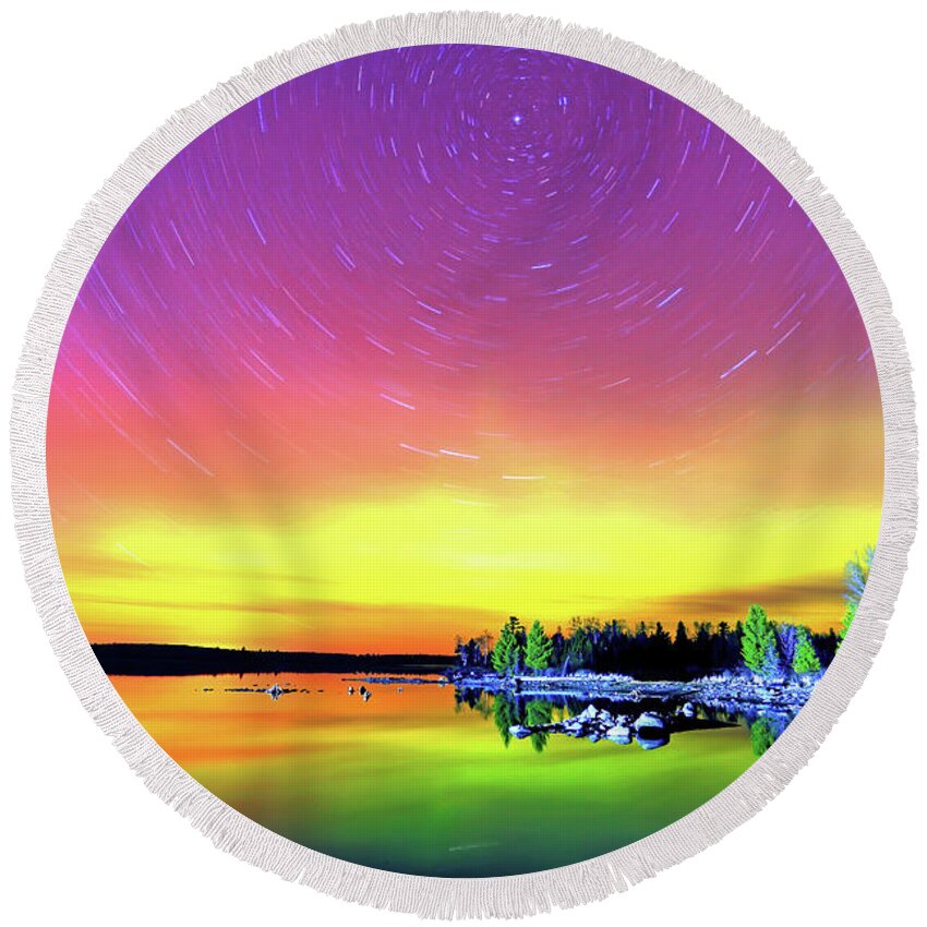 Northern Lights Round Beach Towel featuring the photograph Northern Lights with Startrails by Shixing Wen