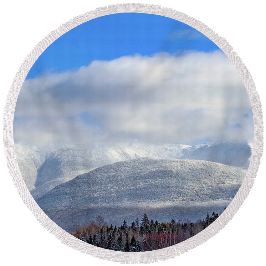 New Hampshire Round Beach Towel featuring the photograph Northern Views, The Presidential Range In Winter. by Jeff Sinon