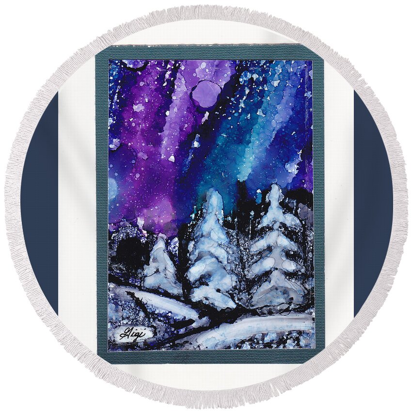 Purple Round Beach Towel featuring the painting Northern Winter Sky by Gigi Dequanne