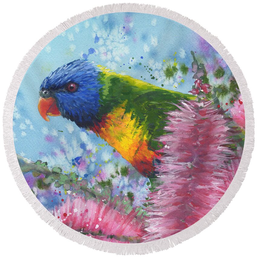 Rainbow Lorikeet Round Beach Towel featuring the painting Morning Feed by Kirsty Rebecca