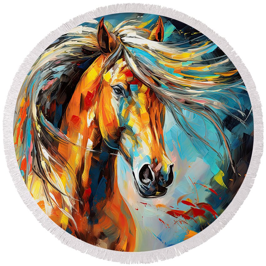 Colorful Horse Paintings Round Beach Towel featuring the painting Not Your Ordinary- Colorful Horse- White And Brown Paintings by Lourry Legarde