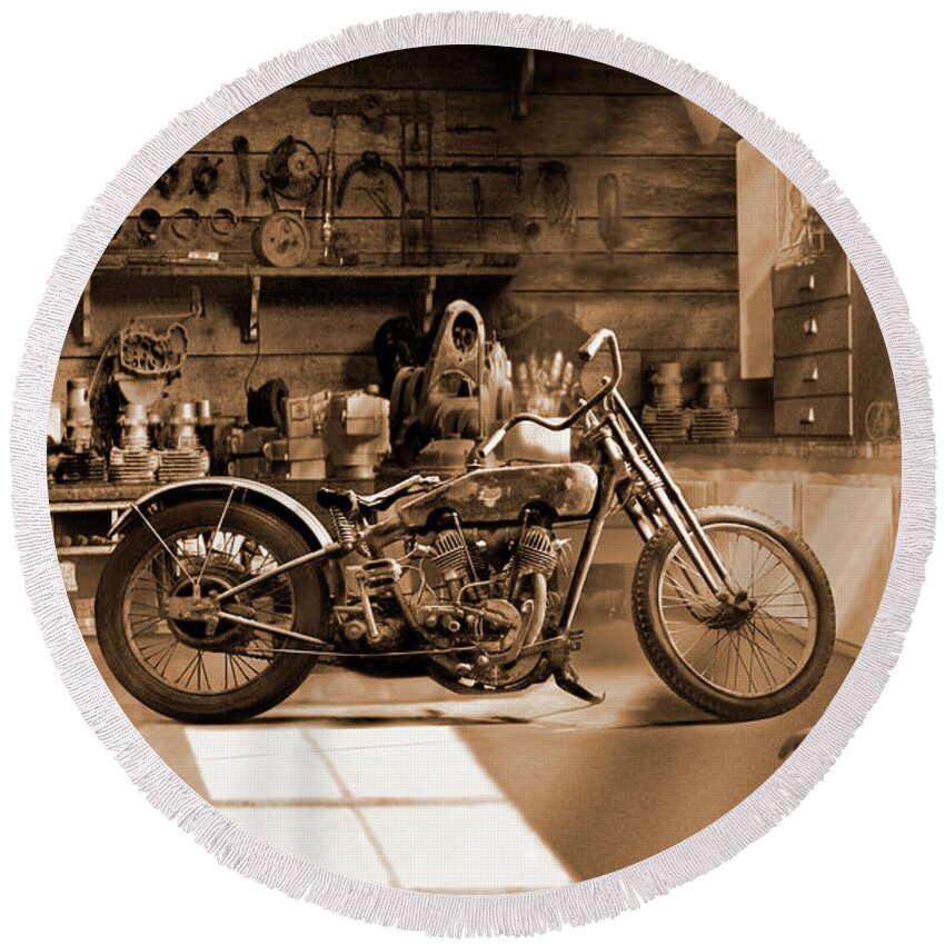 Motorcycle Round Beach Towel featuring the photograph Inside the Old Motorcycle Shop S E V by Mike McGlothlen