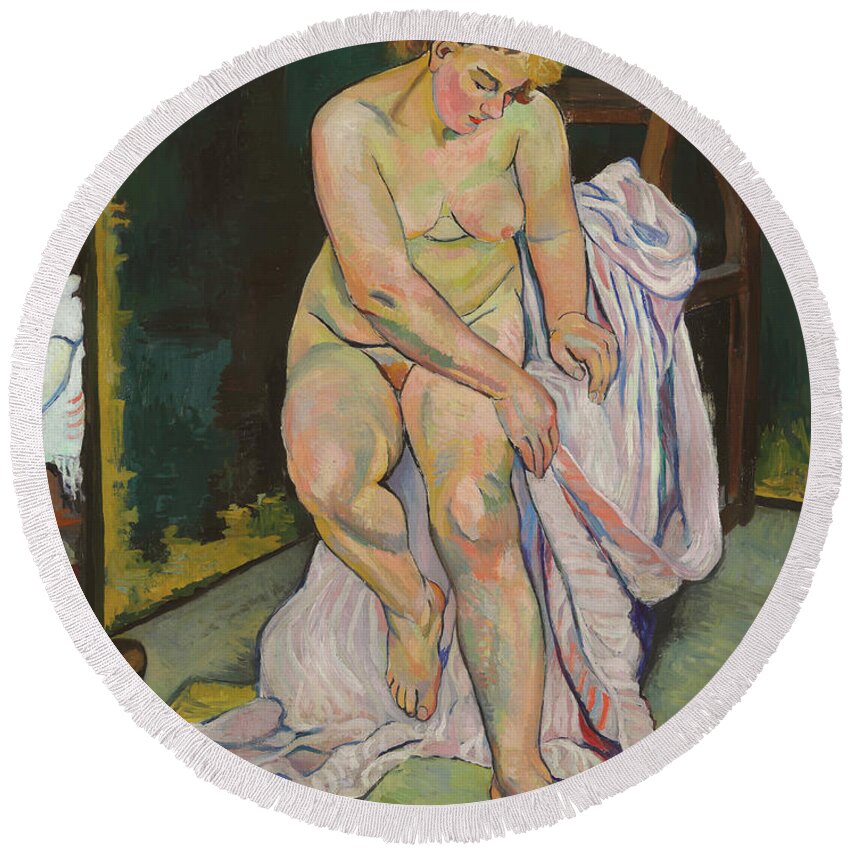 Suzanne Valadon Round Beach Towel featuring the painting Nu a la draperie, 1921 by Suzanne Valadon