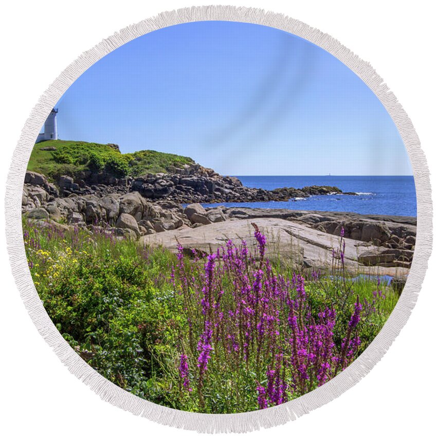 Maine Round Beach Towel featuring the photograph Nubble Light Flowers by Chris Whiton