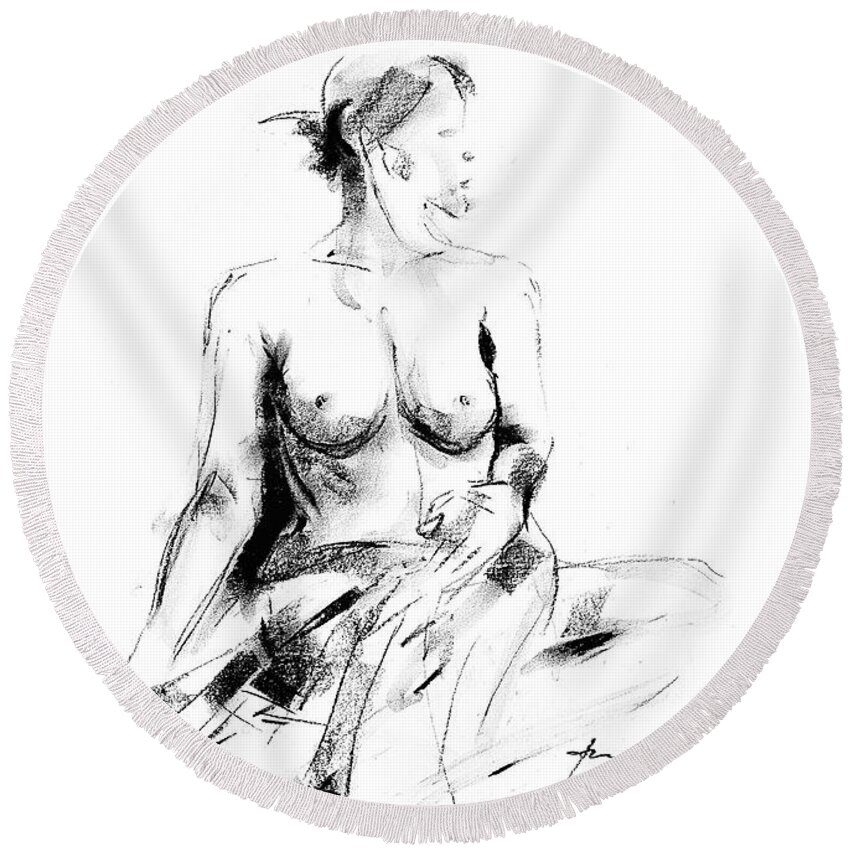 Nude Round Beach Towel featuring the drawing Nude 017 by Ani Gallery