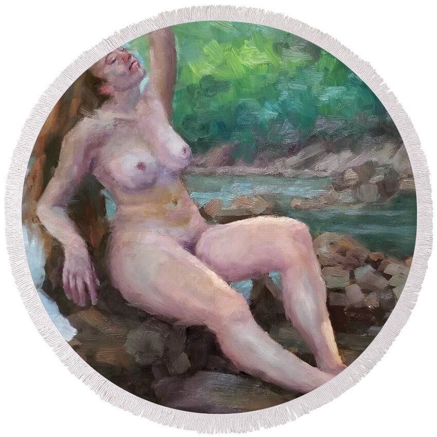 Plein Air Round Beach Towel featuring the painting Nude woman by creek by Jeff Dickson