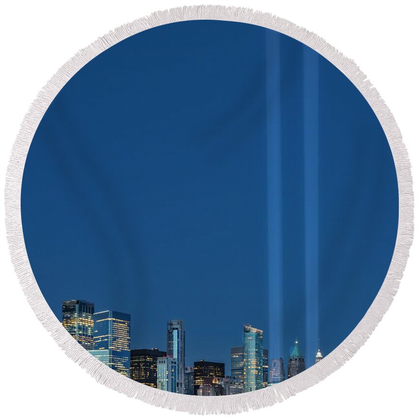 Lower Round Beach Towel featuring the photograph NYC Tribute To 911 by Susan Candelario