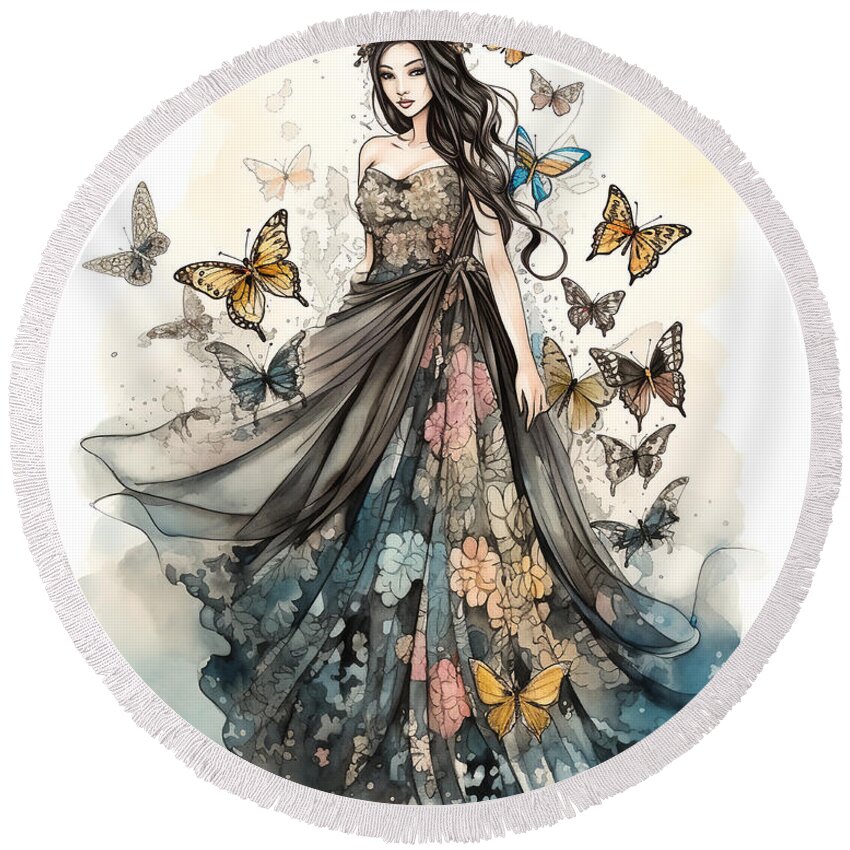 Butterfly fantasy portrait butterflies dress fashion watercolor asian japanese digitalart conceptart color colorful Round Beach Towel featuring the digital art Nymph by David April