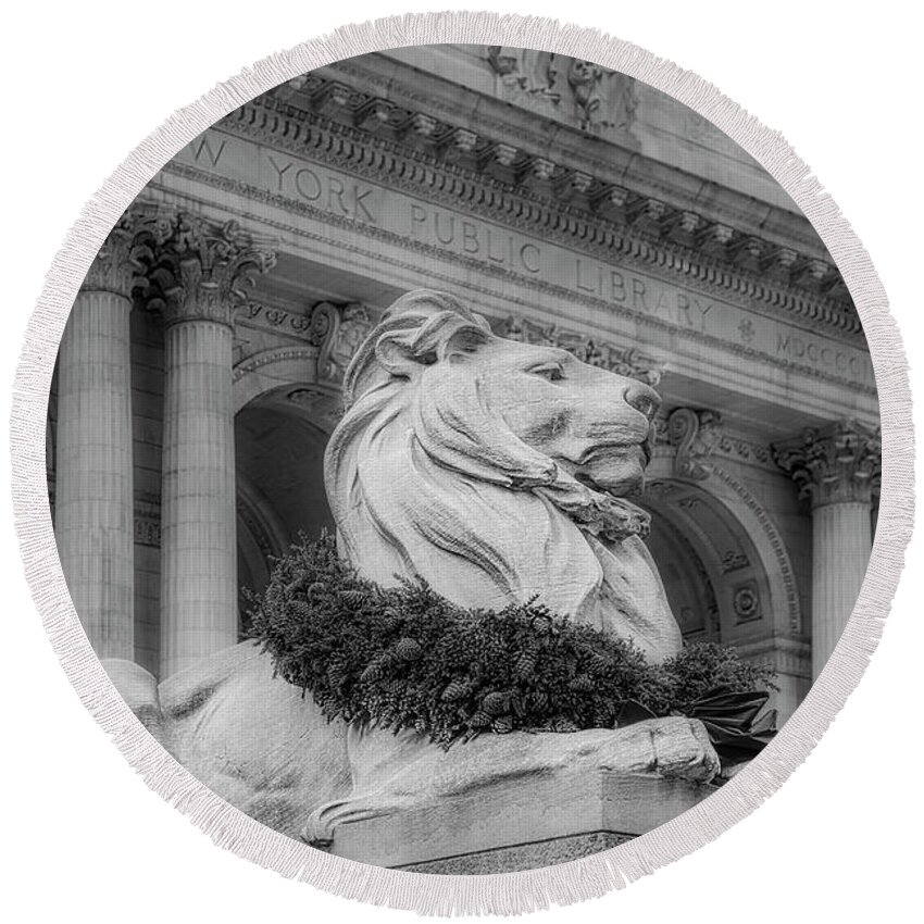New York Public Library Round Beach Towel featuring the photograph NYPL Patience Lion BW by Susan Candelario