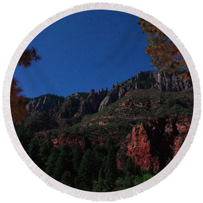 Landscape Round Beach Towel featuring the photograph Oak Creek Canyon by Moonlight by Laura Tucker