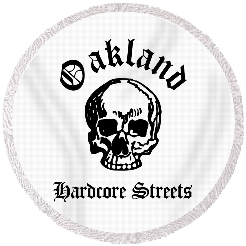 Oakland Round Beach Towel featuring the drawing Oakland California Hardcore Streets Urban Streetwear White Skull, Super Sharp PNG by Kathy Anselmo