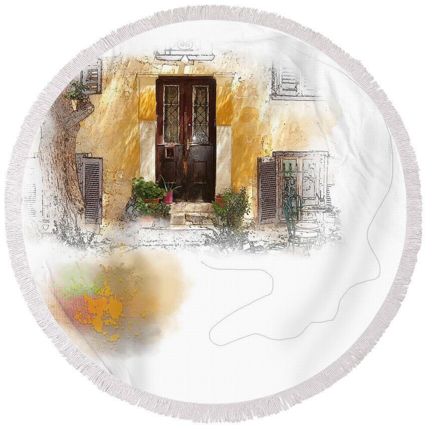 Golden Round Beach Towel featuring the mixed media Oasis An Urban Courtyard by Moira Law