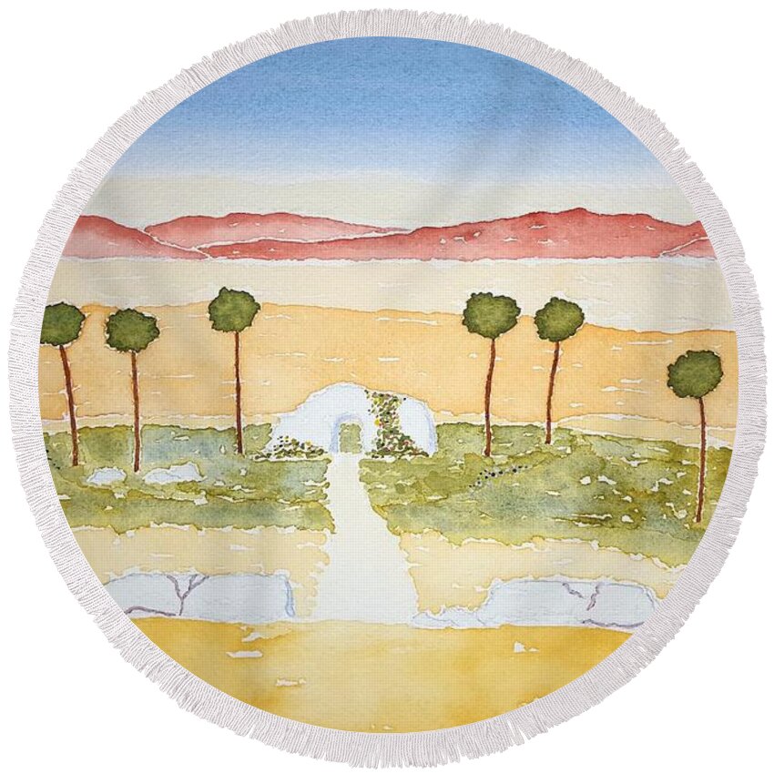 Watercolor Round Beach Towel featuring the painting Oasis of Lore by John Klobucher