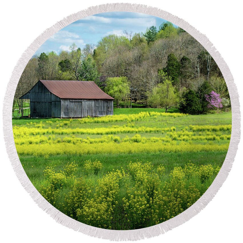 Obannon Woods State Park Round Beach Towel featuring the photograph Obannon Woods Barn in Spring - White Cloud - Indiana by Gary Whitton
