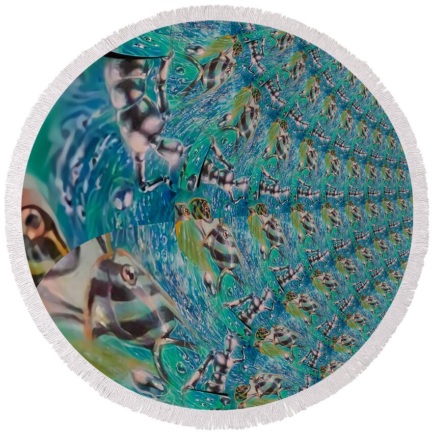 Oifii Round Beach Towel featuring the digital art Ocean Bot Symphony by Stephane Poirier