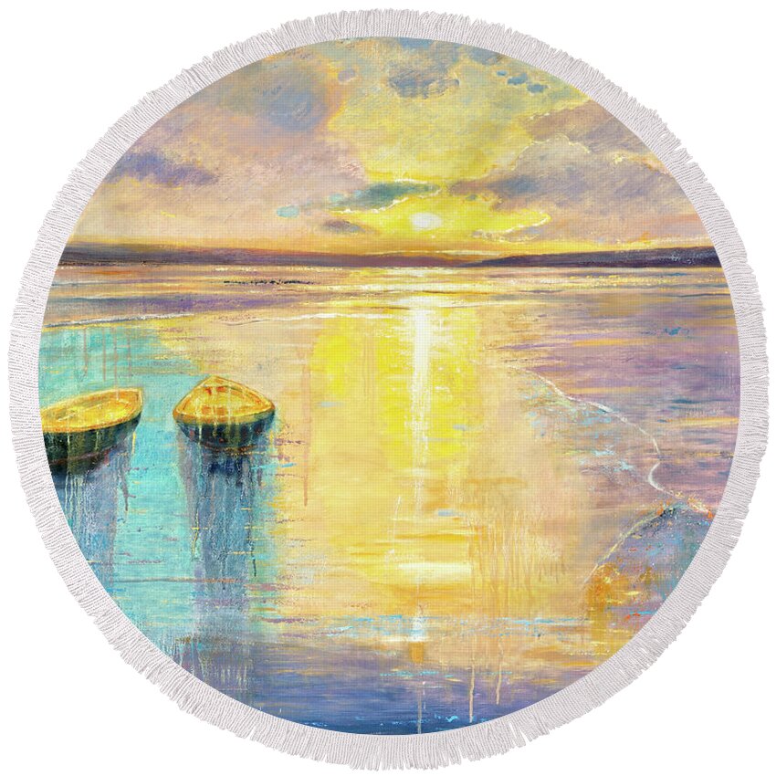 Landscape Round Beach Towel featuring the painting Ocean Sunset by Shijun Munns