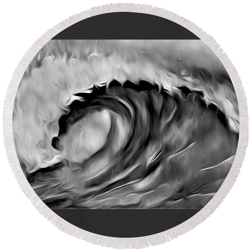 Ocean Wave Round Beach Towel featuring the digital art Ocean Wave Abstract - B/W by Ronald Mills