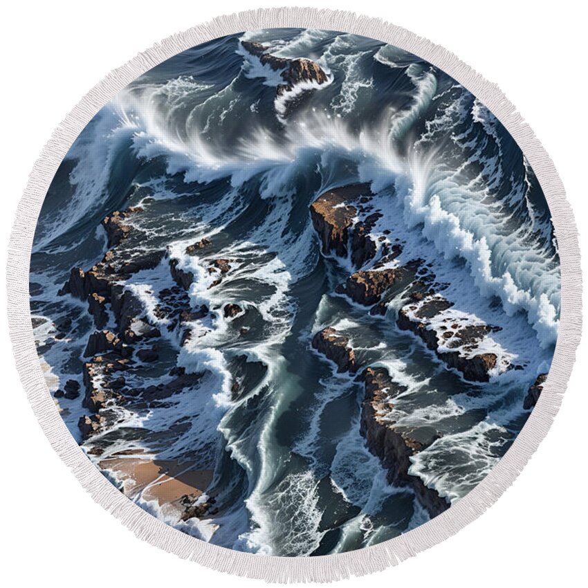 Ccitypictures Round Beach Towel featuring the digital art Ocean Waves Crashing over Rocks by Mark Greenberg
