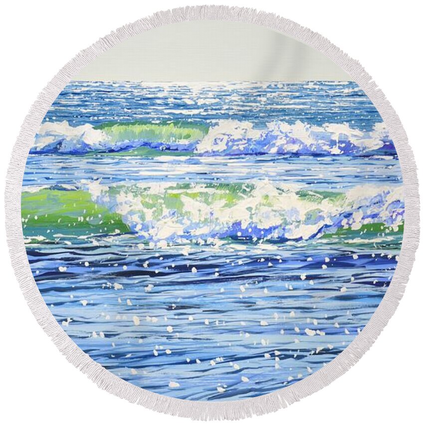 Seascape Round Beach Towel featuring the painting 	Ocean. Waves. Light. by Iryna Kastsova