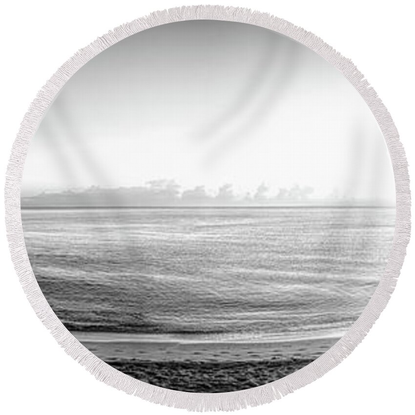 Black Round Beach Towel featuring the photograph Oceanside Panorama Sunrise Black and White by Debra and Dave Vanderlaan