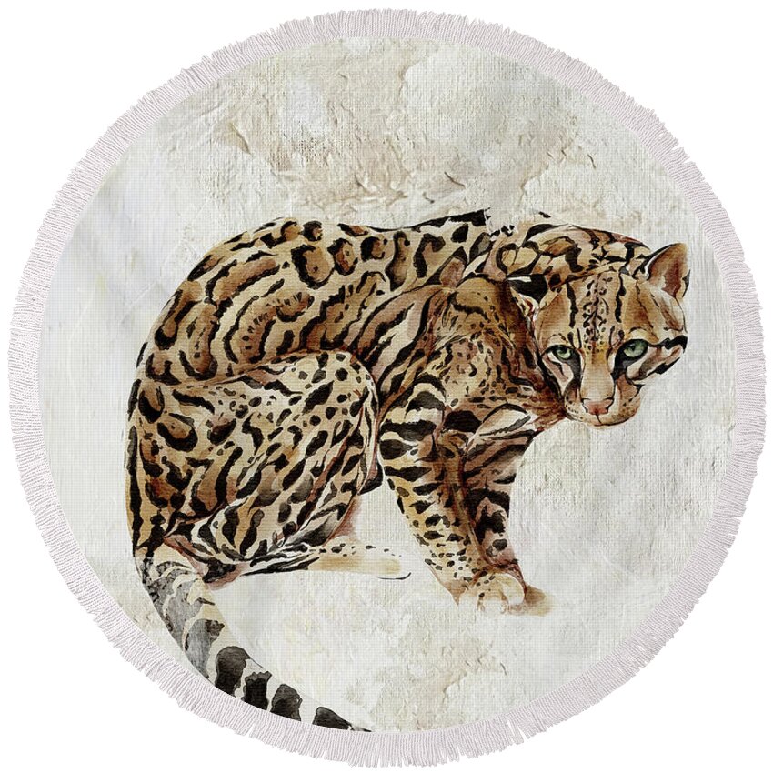 Ocelot Round Beach Towel featuring the painting Ocelot Wild Cat Animal Painting by Garden Of Delights