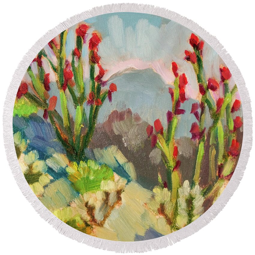 Ocotillo Round Beach Towel featuring the painting Ocotillo and Cholla - Living Desert by Diane McClary