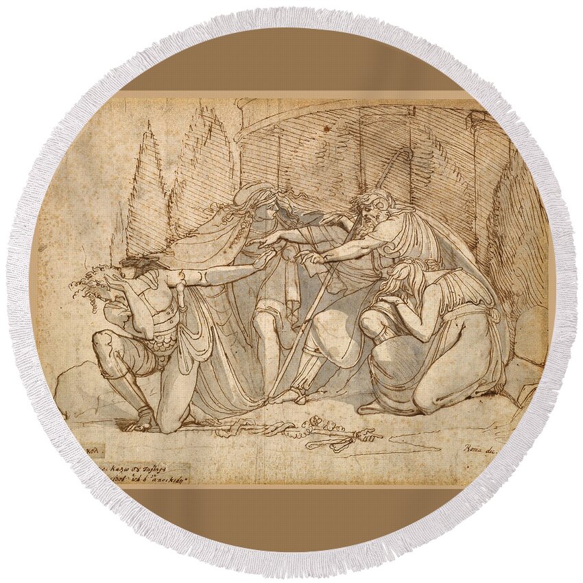 Henry Fuseli Round Beach Towel featuring the drawing Oedipus at Colonus, Cursing his Son Polynices by Henry Fuseli