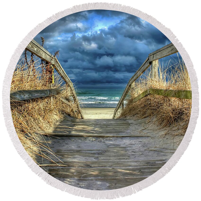Foot Bridge Round Beach Towel featuring the digital art Ogunquit Foot Bridge by Deb Bryce