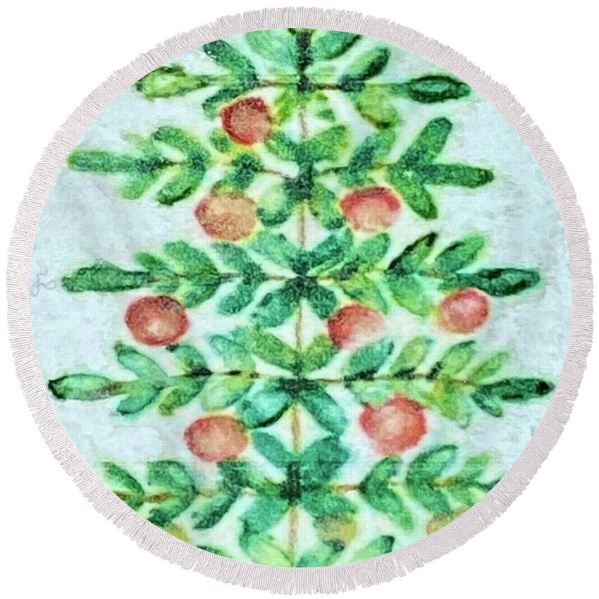 Christmas Tree Round Beach Towel featuring the mixed media Oh Christmas Tree by Cara Frafjord