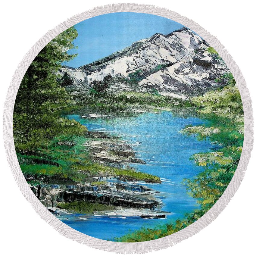 Landscape Round Beach Towel featuring the painting Oil Landscape Mountains and Trees 2 by Valerie Shaffer