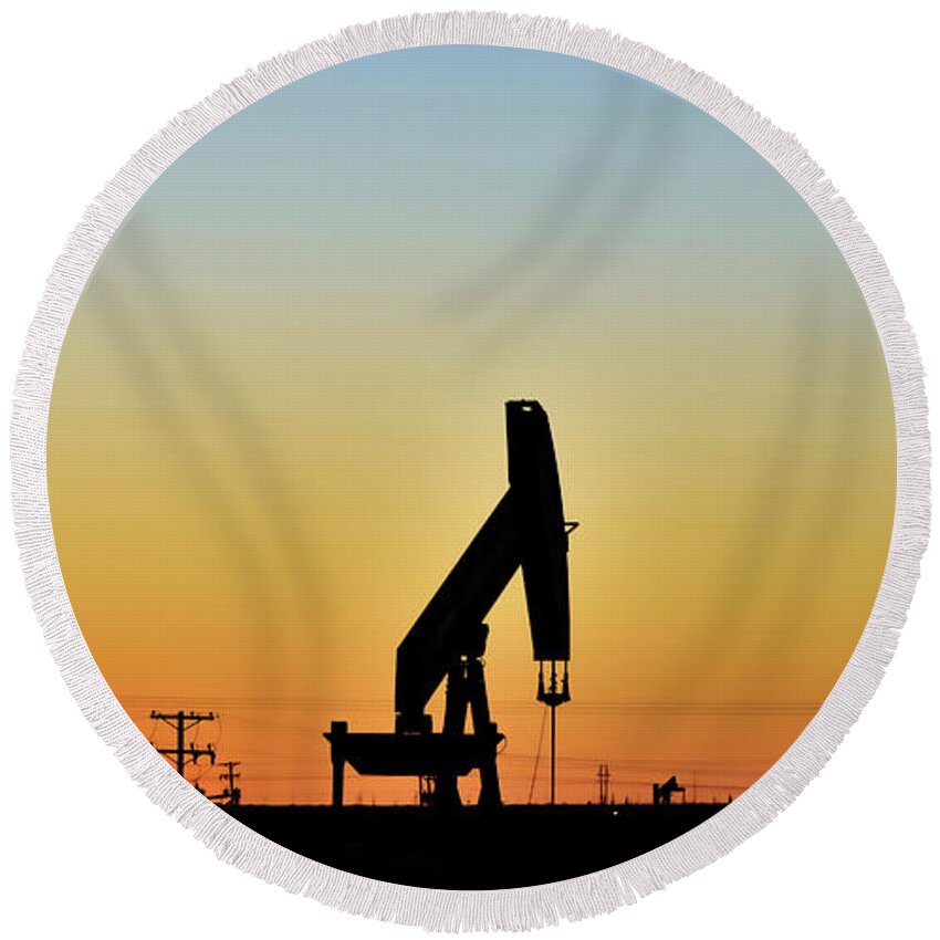 Oil Field Round Beach Towel featuring the photograph Oil Rig At Sunset 2 #texas by Andrea Anderegg