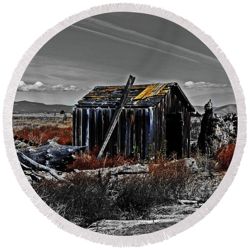  Round Beach Towel featuring the digital art Old Abandon Tool shed by Fred Loring