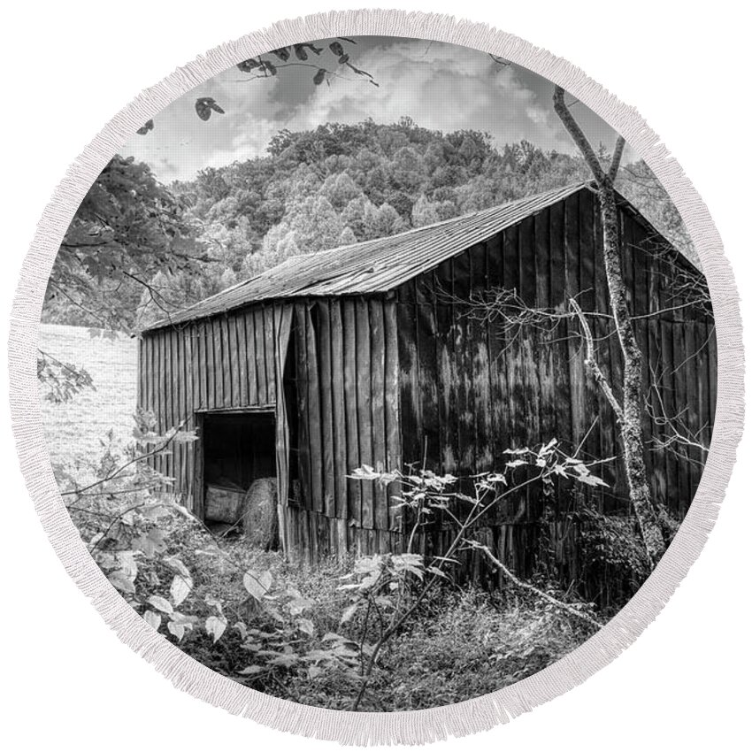 Barns Round Beach Towel featuring the photograph Old Barn Pastures Creeper Trail in Autumn Fall Black and White D by Debra and Dave Vanderlaan