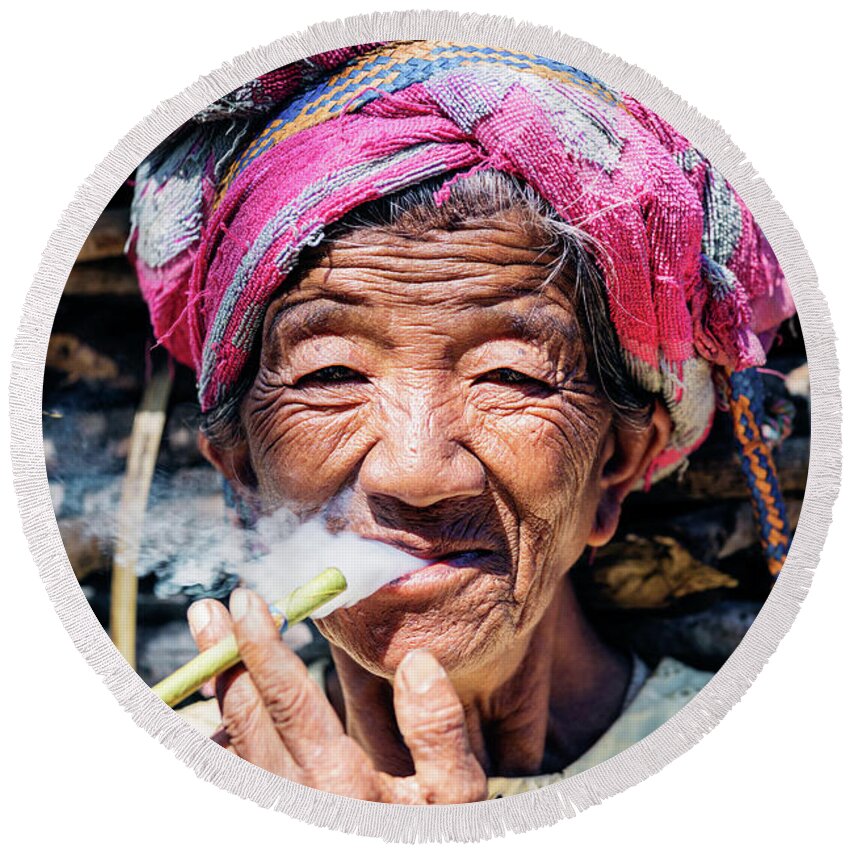 Woman Round Beach Towel featuring the photograph Old burmese lady by Matteo Colombo