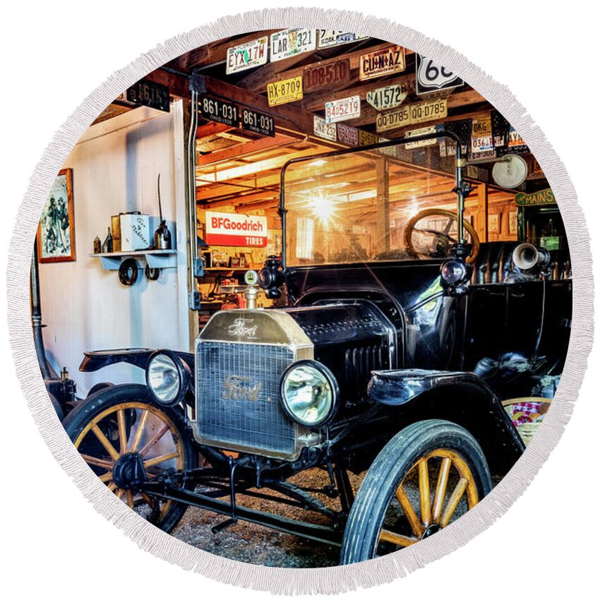 Ford Round Beach Towel featuring the photograph Old Classic in the Garage by Debra and Dave Vanderlaan
