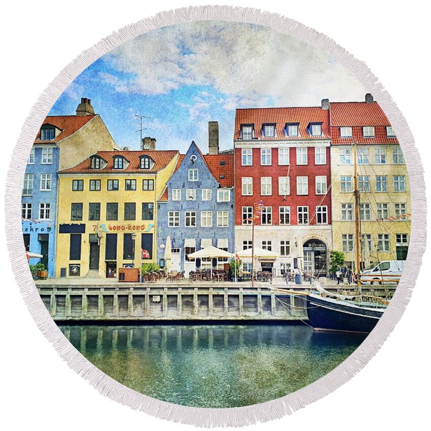 Harbor Round Beach Towel featuring the photograph Old Copenhagen by Andrea Whitaker