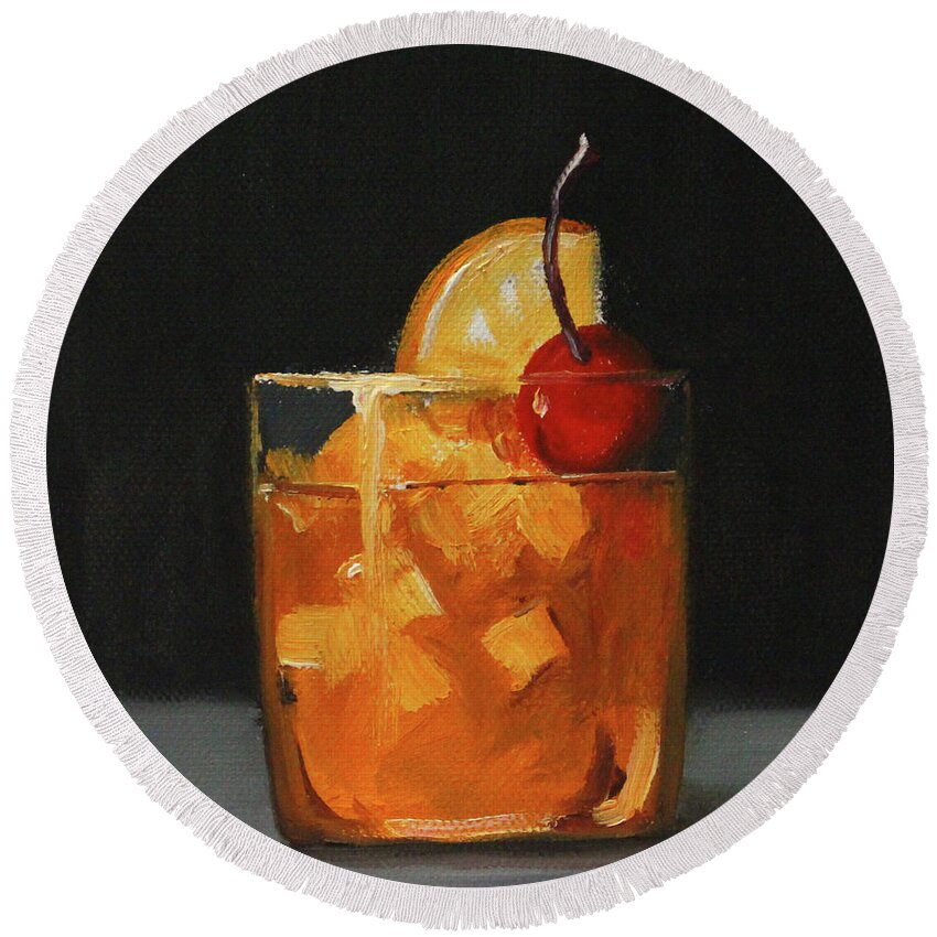Cocktail Beverage Round Beach Towel featuring the painting Old Fashioned by Nancy Merkle