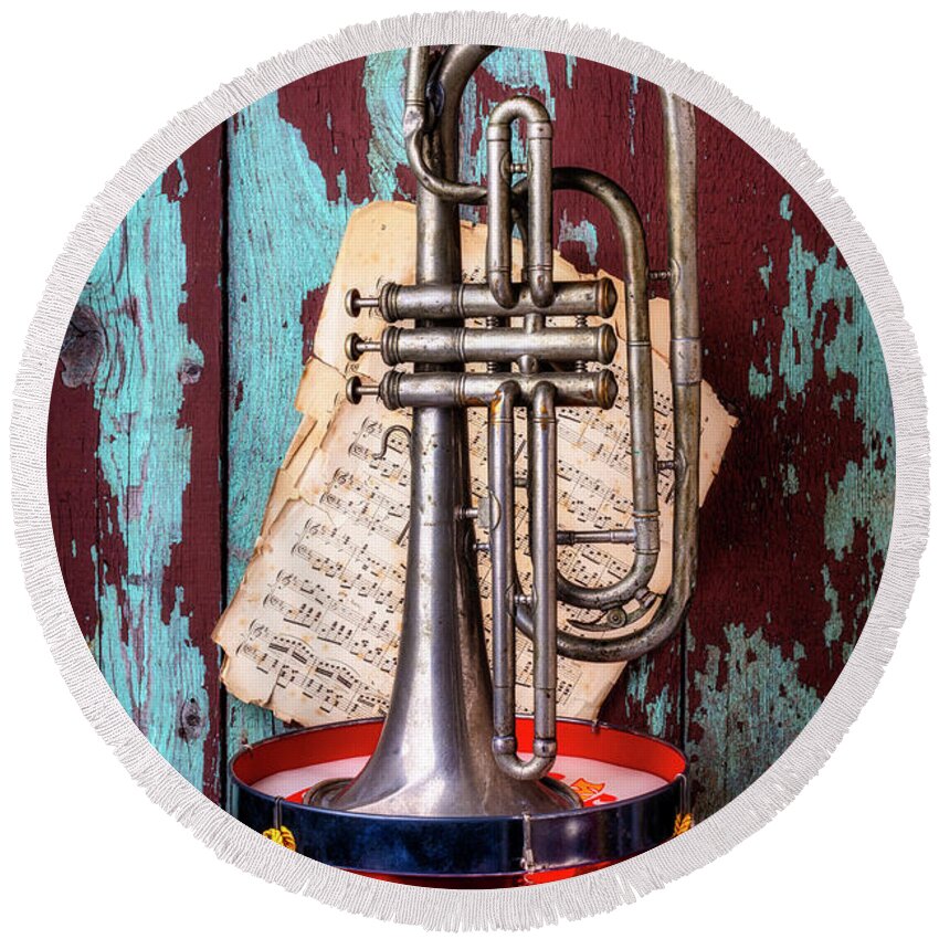 Trumpet Round Beach Towel featuring the photograph Old Horn On Drum by Garry Gay