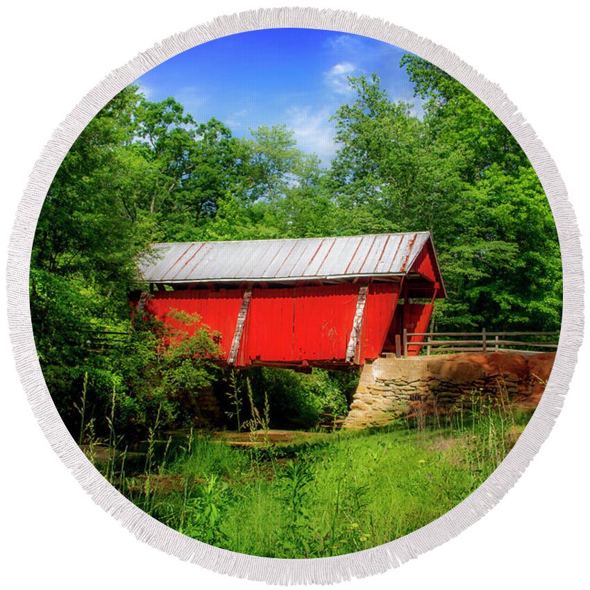 Landrum Round Beach Towel featuring the photograph Old Landrum Covered Bridge by Shelia Hunt